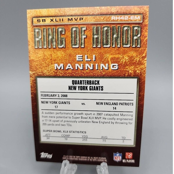 2008 Topps Eli Manning Ring Of Honor #RH42-EM Football Trading Card - Picture 2 of 6